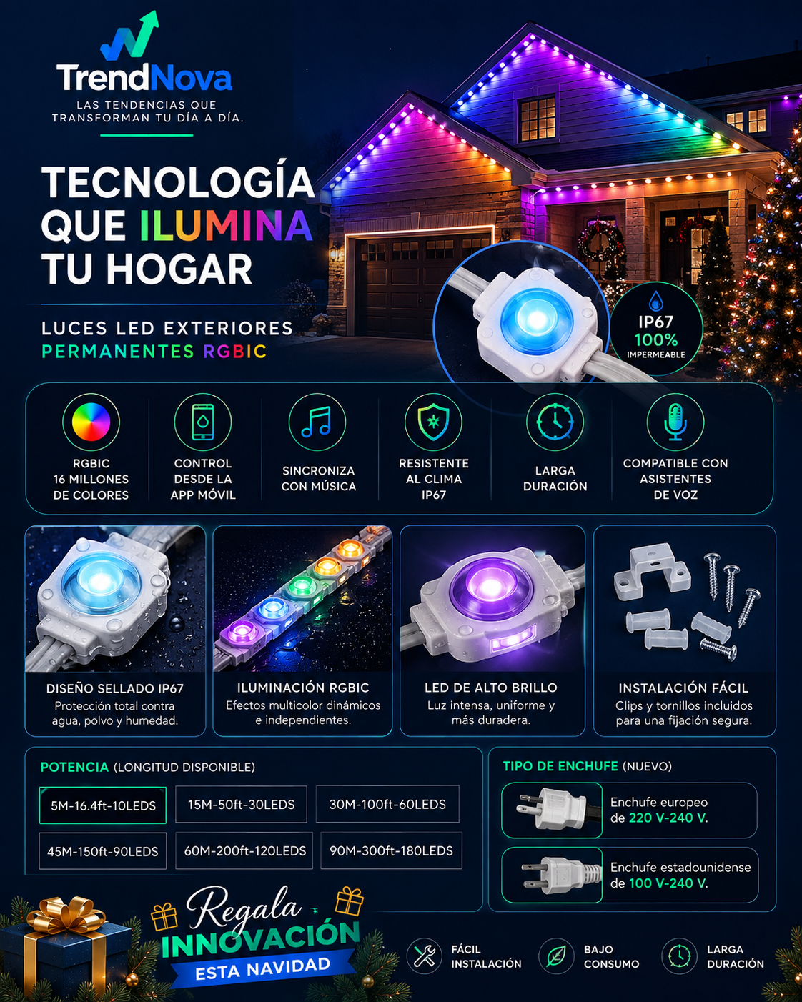 Luces LED Exteriores Permanentes RGBIC | Control App, Sincronía Musical, IP67 | Navidad