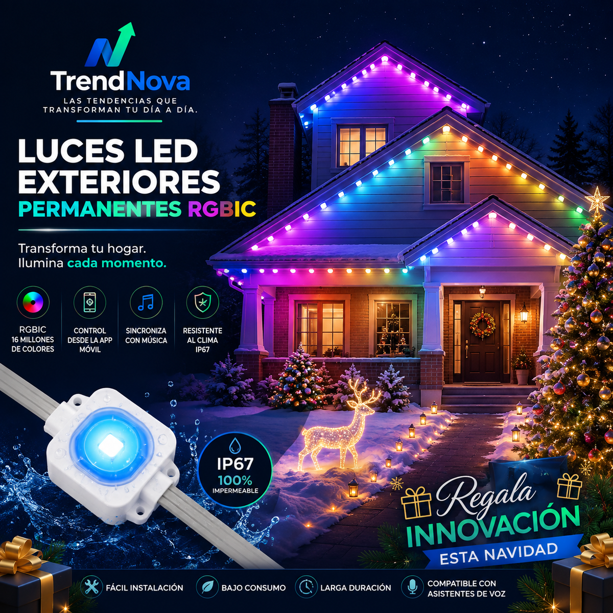 Luces LED Exteriores Permanentes RGBIC | Control App, Sincronía Musical, IP67 | Navidad