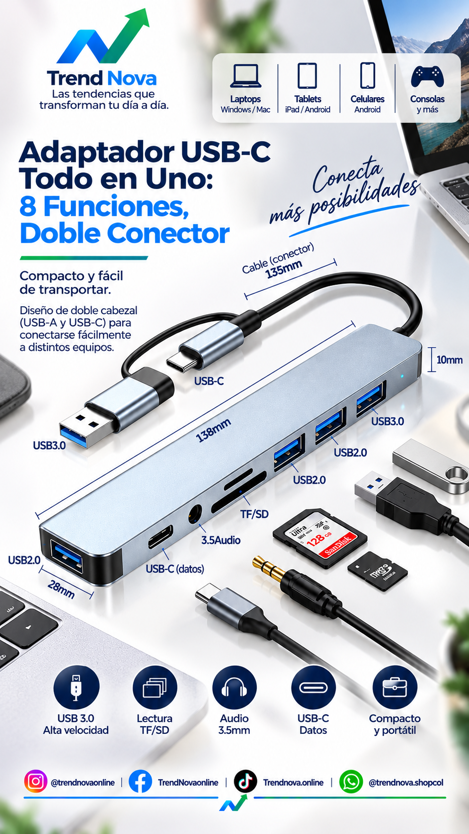 Adaptador USB-C Todo en Uno: 8 Funciones, Doble Conector
