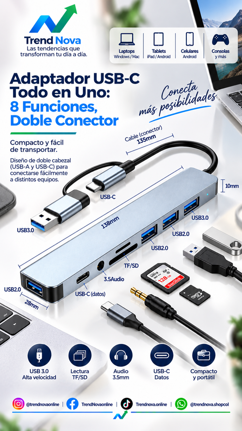 Adaptador USB-C Todo en Uno: 8 Funciones, Doble Conector
