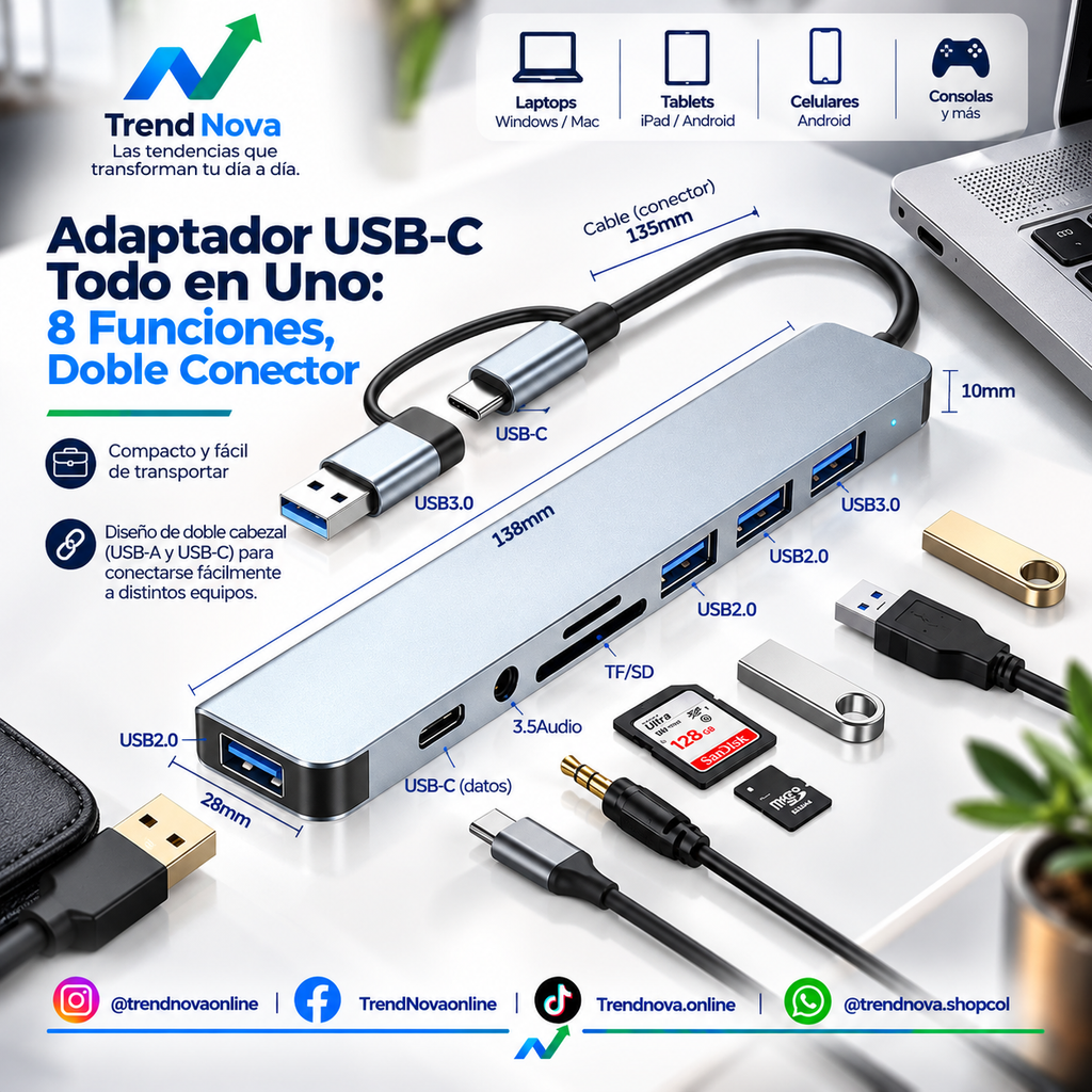 Adaptador USB-C Todo en Uno: 8 Funciones, Doble Conector
