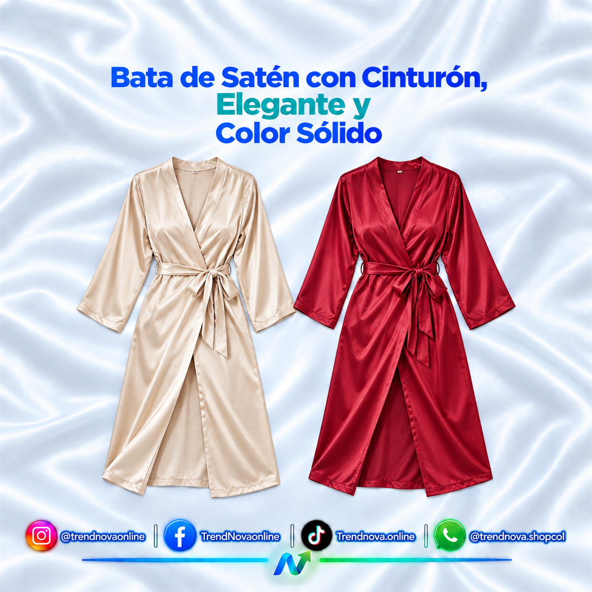 Bata de Satén con Cinturón, Elegante y Color Sólido