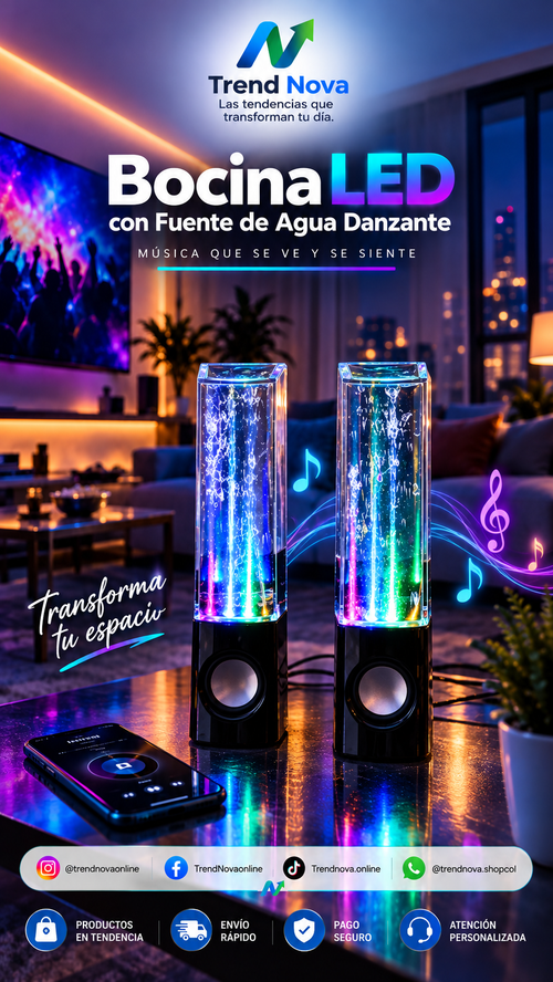 Bocina LED con Fuente de Agua Danzante – Luces Multicolor para Escritorio y Fiestas