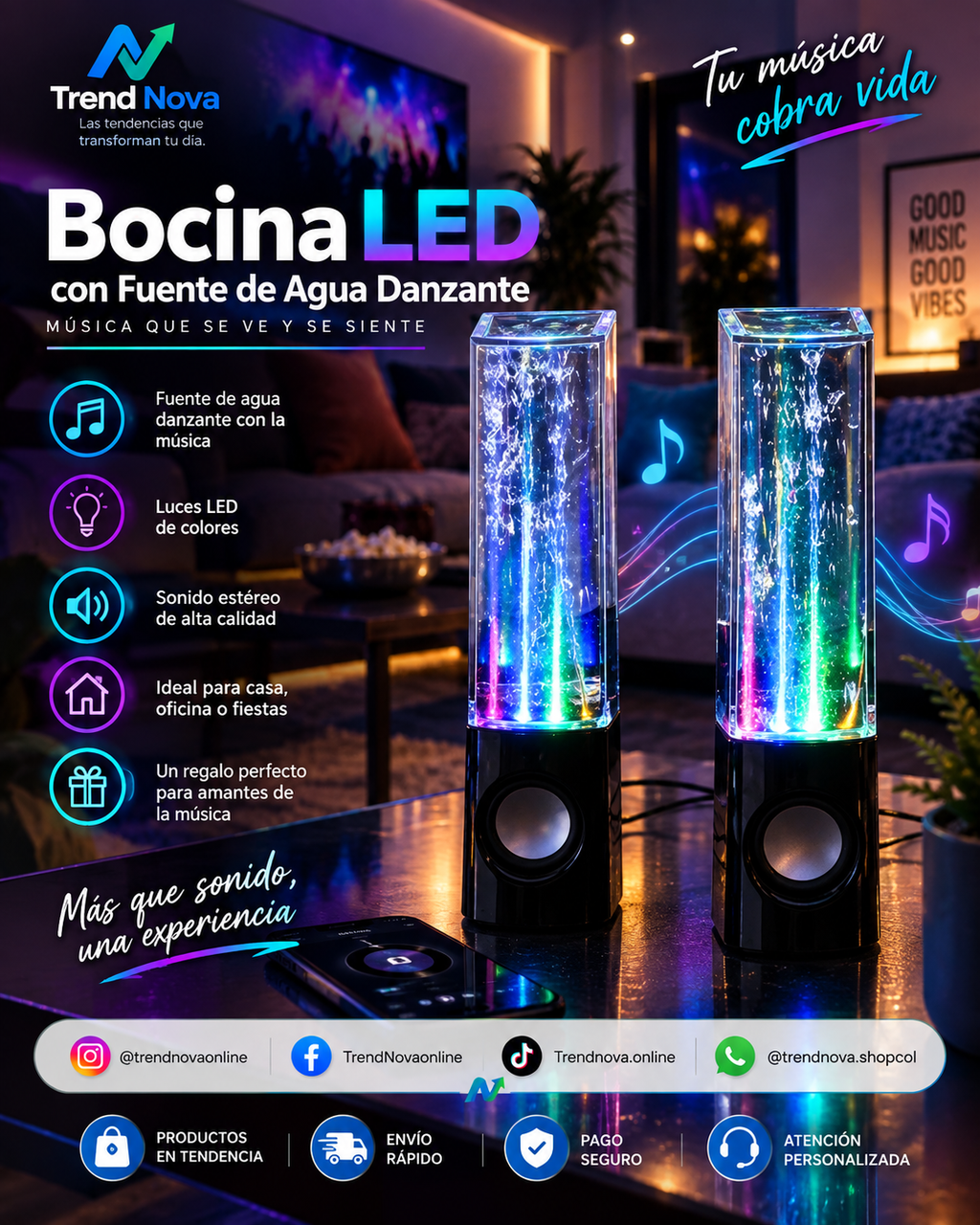Bocina LED con Fuente de Agua Danzante – Luces Multicolor para Escritorio y Fiestas