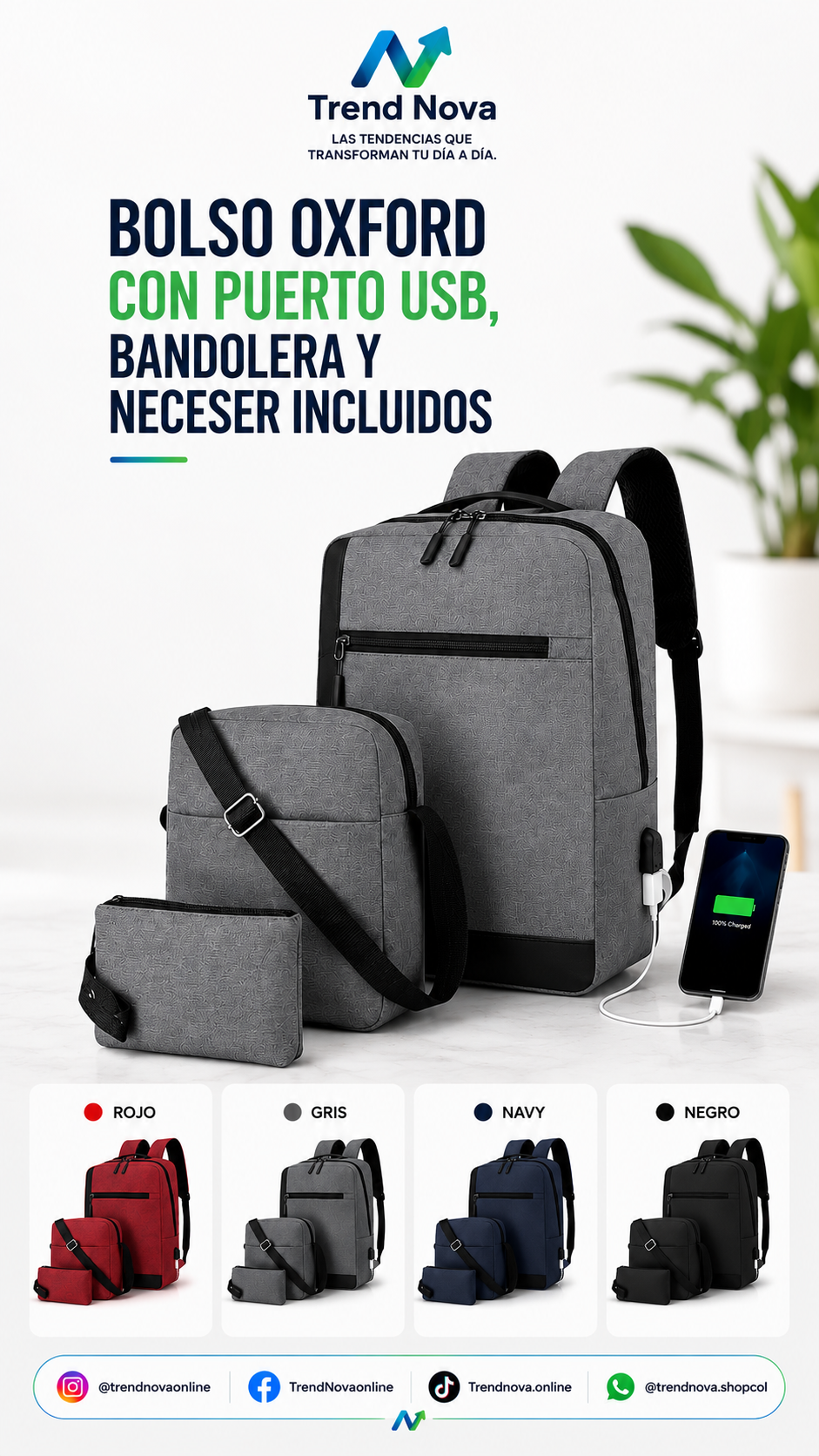 Mochila Urbana 3 en 1 — Bolso Oxford con Puerto USB, Bandolera y Neceser Incluidos