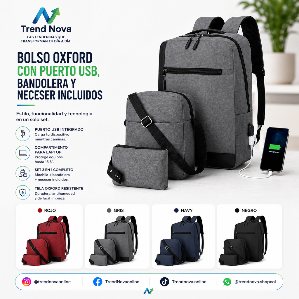 Mochila Urbana 3 en 1 — Bolso Oxford con Puerto USB, Bandolera y Neceser Incluidos