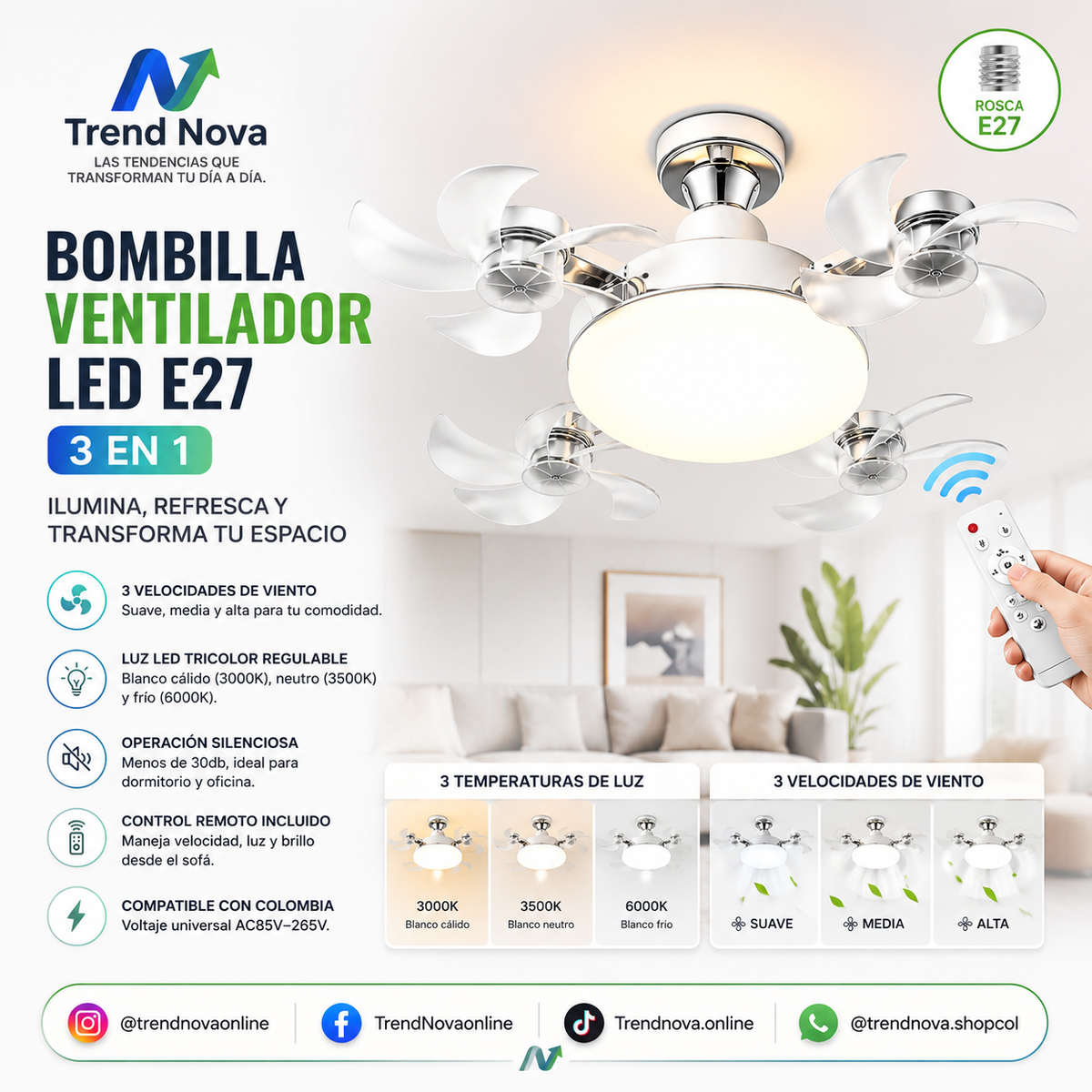 Bombilla Ventilador LED E27 3 en 1 — Control Remoto, Luz Tricolor Regulable, 3 o 4 Aspas