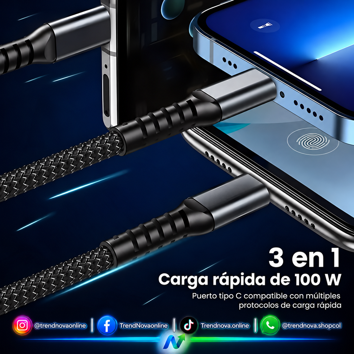 Cable Cargador 3 en 1 Carga Rápida 100W – Tipo C, Lightning y Micro USB, Trenzado 1,2 m