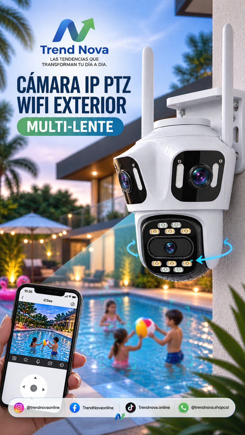 Cámara IP PTZ WiFi Exterior Multi-Lente – Detección Humana IA, Rastreo Automático, Visión Nocturna a Color