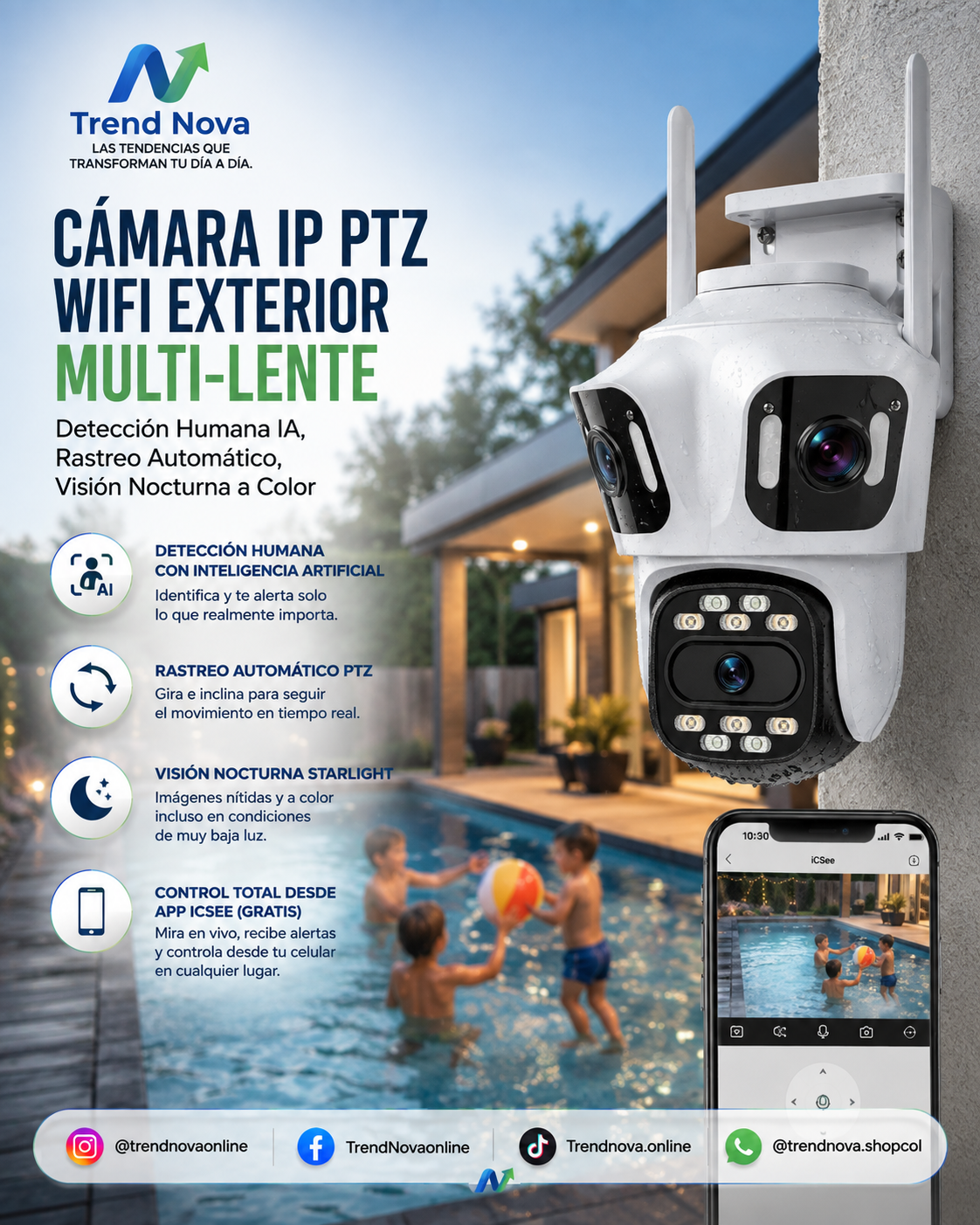 Cámara IP PTZ WiFi Exterior Multi-Lente – Detección Humana IA, Rastreo Automático, Visión Nocturna a Color