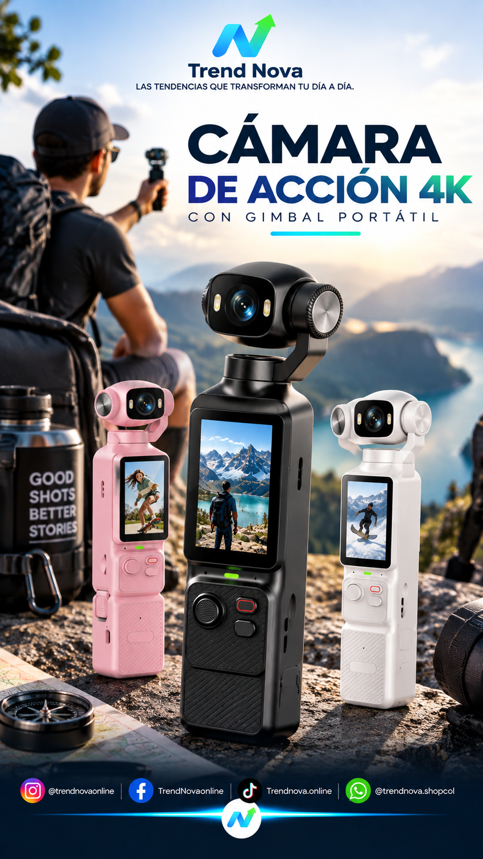 Cámara de Acción 4K con Gimbal Portatil | Lente Giratorio 180°, Antivibracón, Luz de Relleno y Micrófono para Vlogs y Deportes