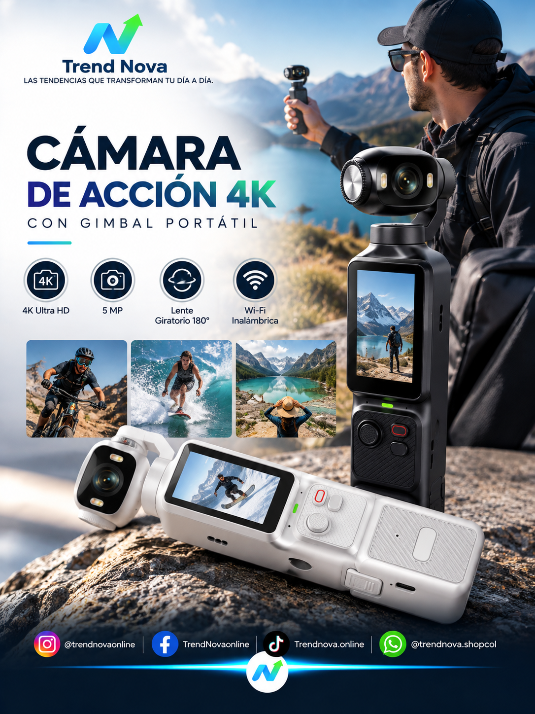 Cámara de Acción 4K con Gimbal Portatil | Lente Giratorio 180°, Antivibracón, Luz de Relleno y Micrófono para Vlogs y Deportes