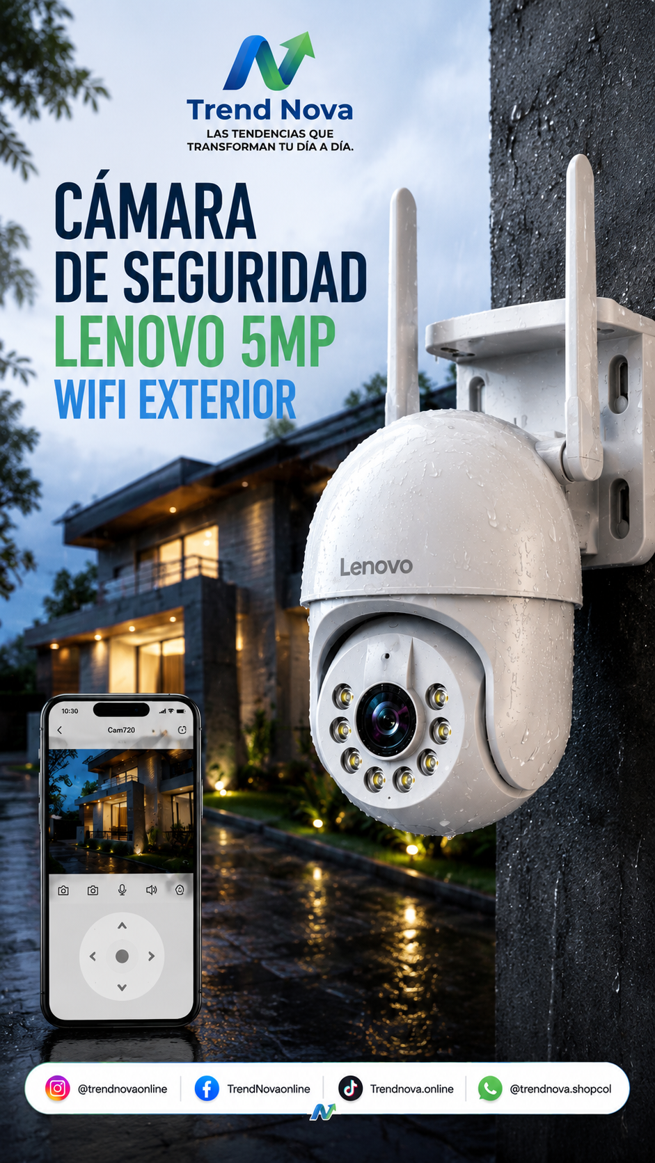 Cámara de Seguridad Lenovo 5MP WiFi Exterior – Zoom 5X, Rastreo Automático, Visión Nocturna a Color
