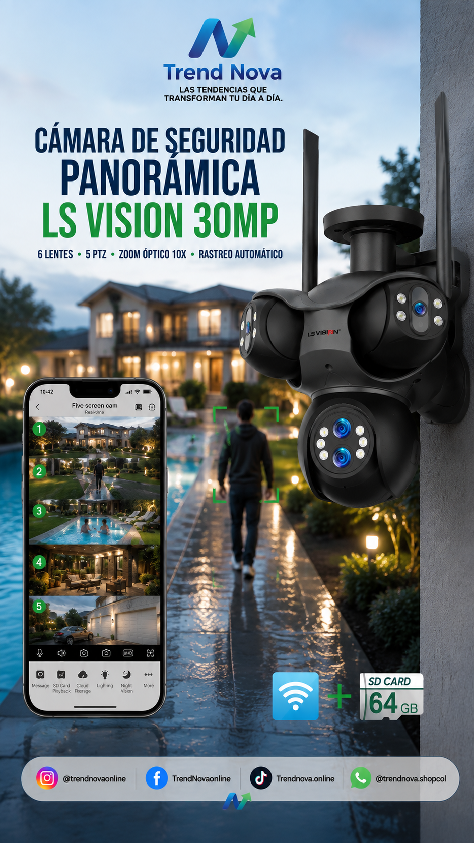 Cámara de Seguridad Panorámica LS VISION 30MP – 6 Lentes, 5 PTZ, Zoom Óptico 10X, Rastreo Automático