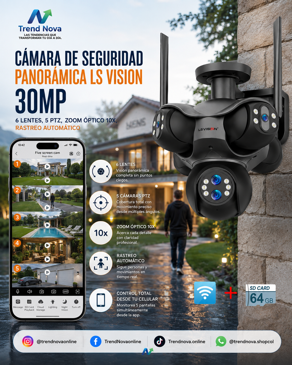 Cámara de Seguridad Panorámica LS VISION 30MP – 6 Lentes, 5 PTZ, Zoom Óptico 10X, Rastreo Automático