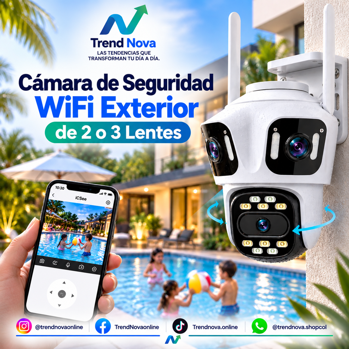 Cámara de Seguridad WiFi Exterior de 2 o 3 Lentes – Seguimiento Automático, Visión Nocturna a Color y Audio Bidireccional