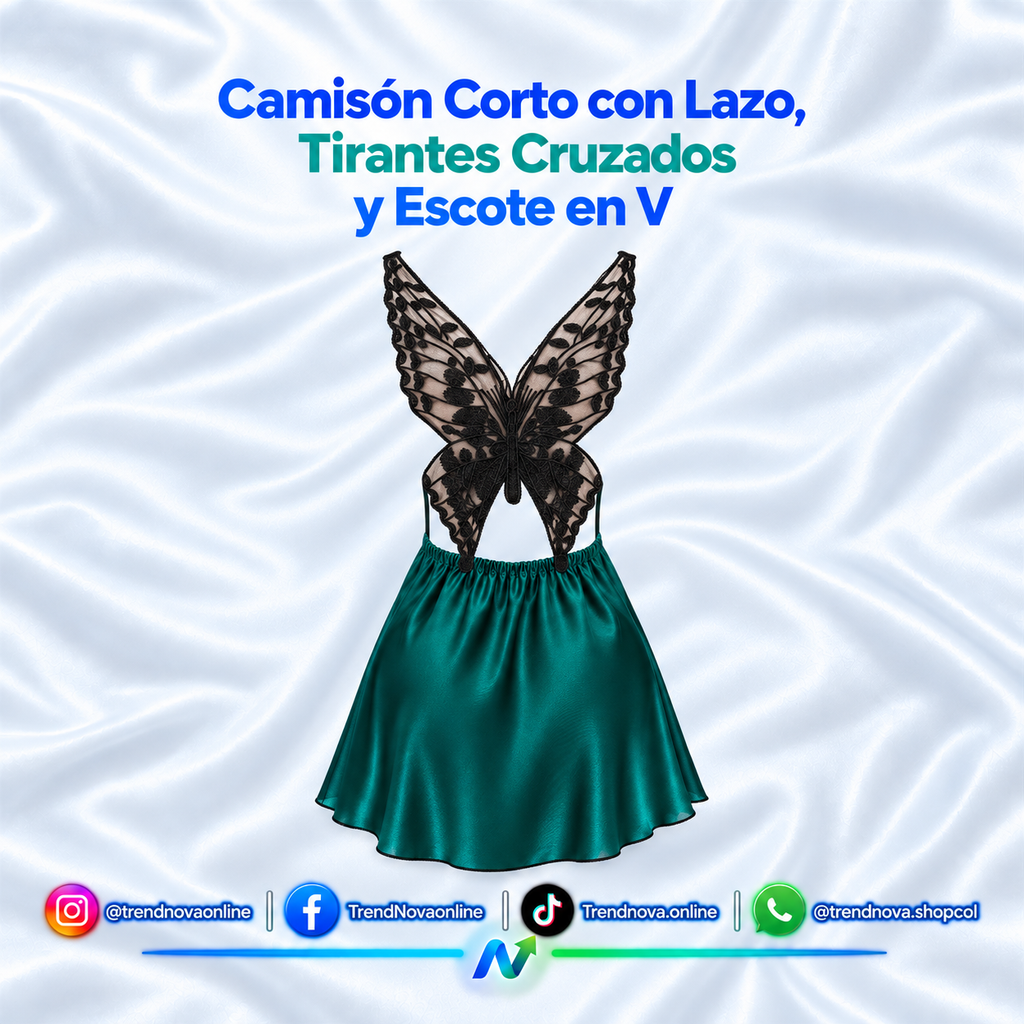 Camisón Corto con Lazo, Tirantes Cruzados y Escote en V