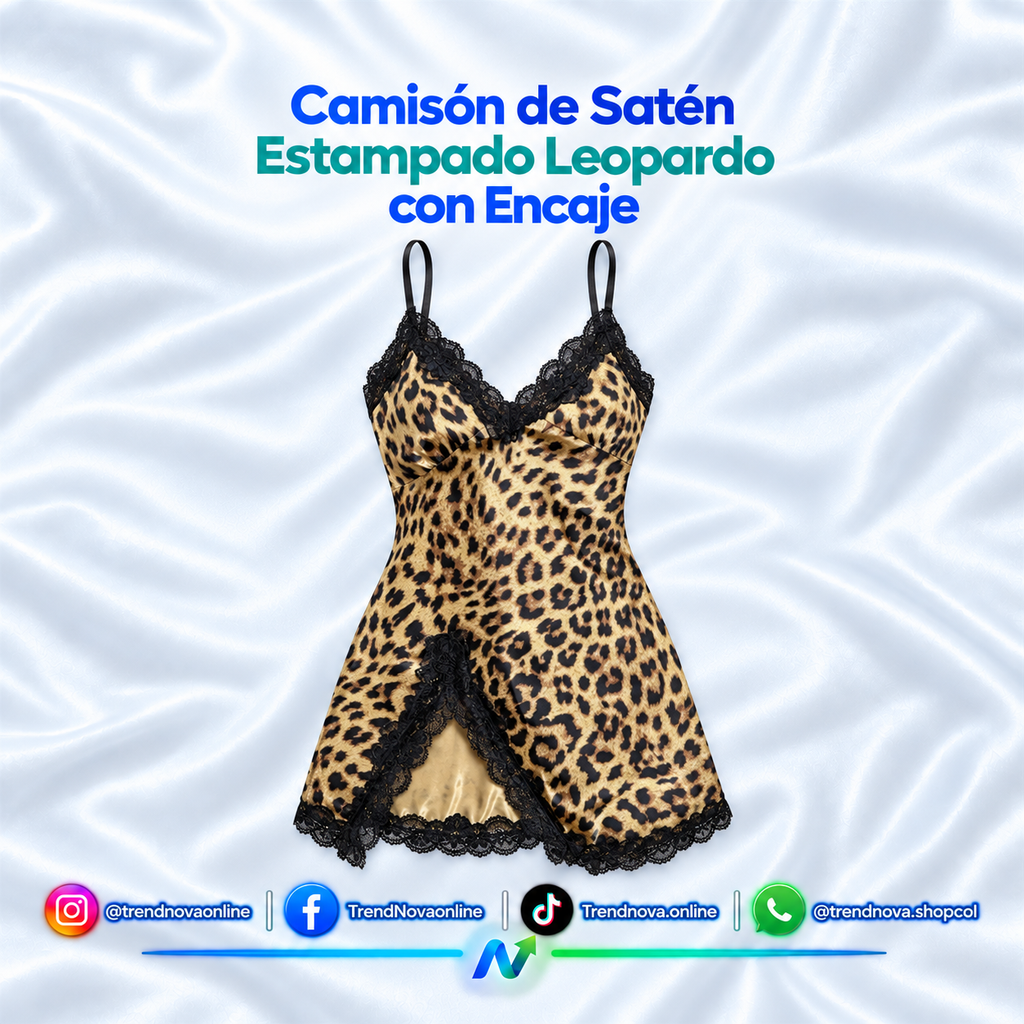 Camisón de Satén Estampado Leopardo con Encaje