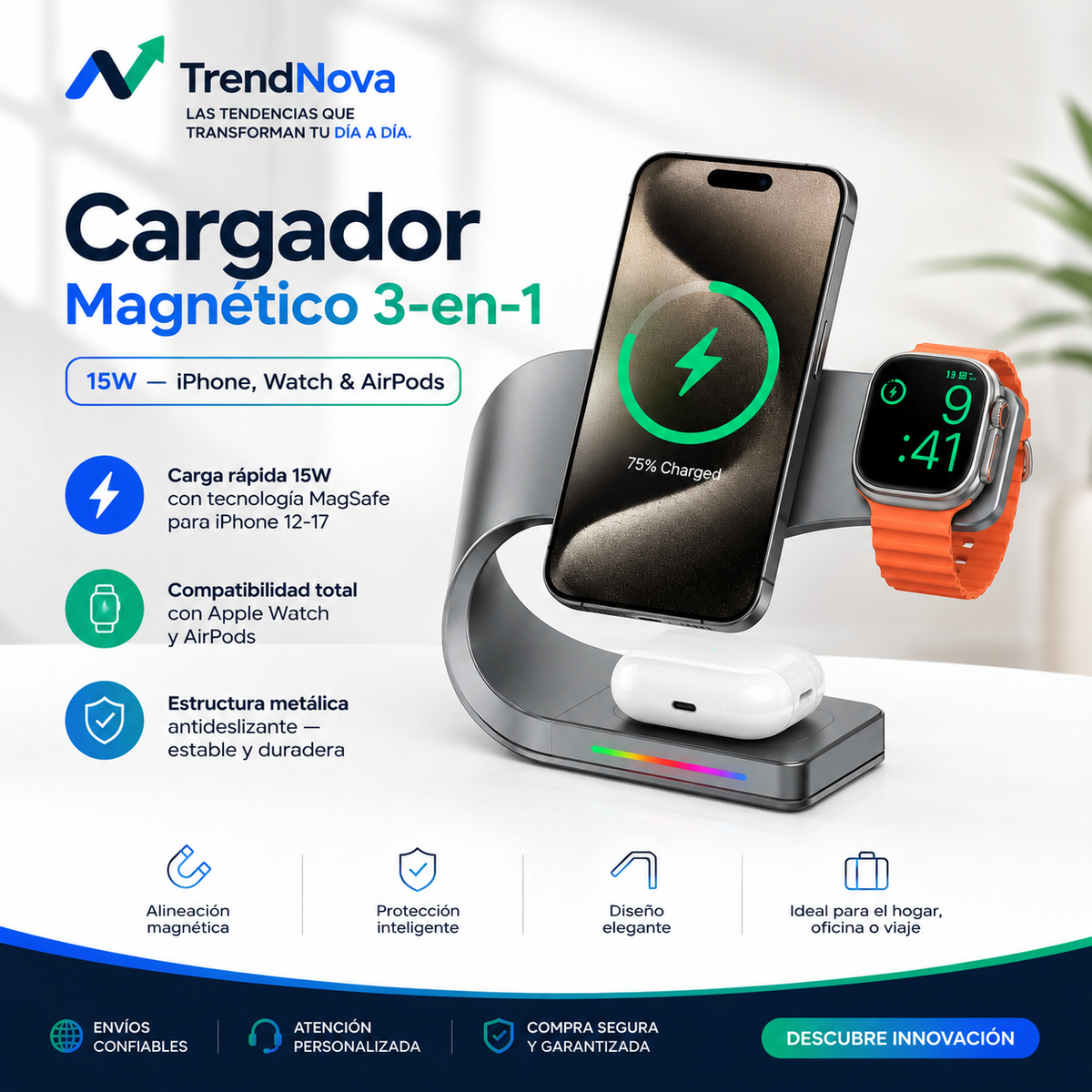 Cargador Magnético 3-en-1 15W — iPhone, Watch & AirPods