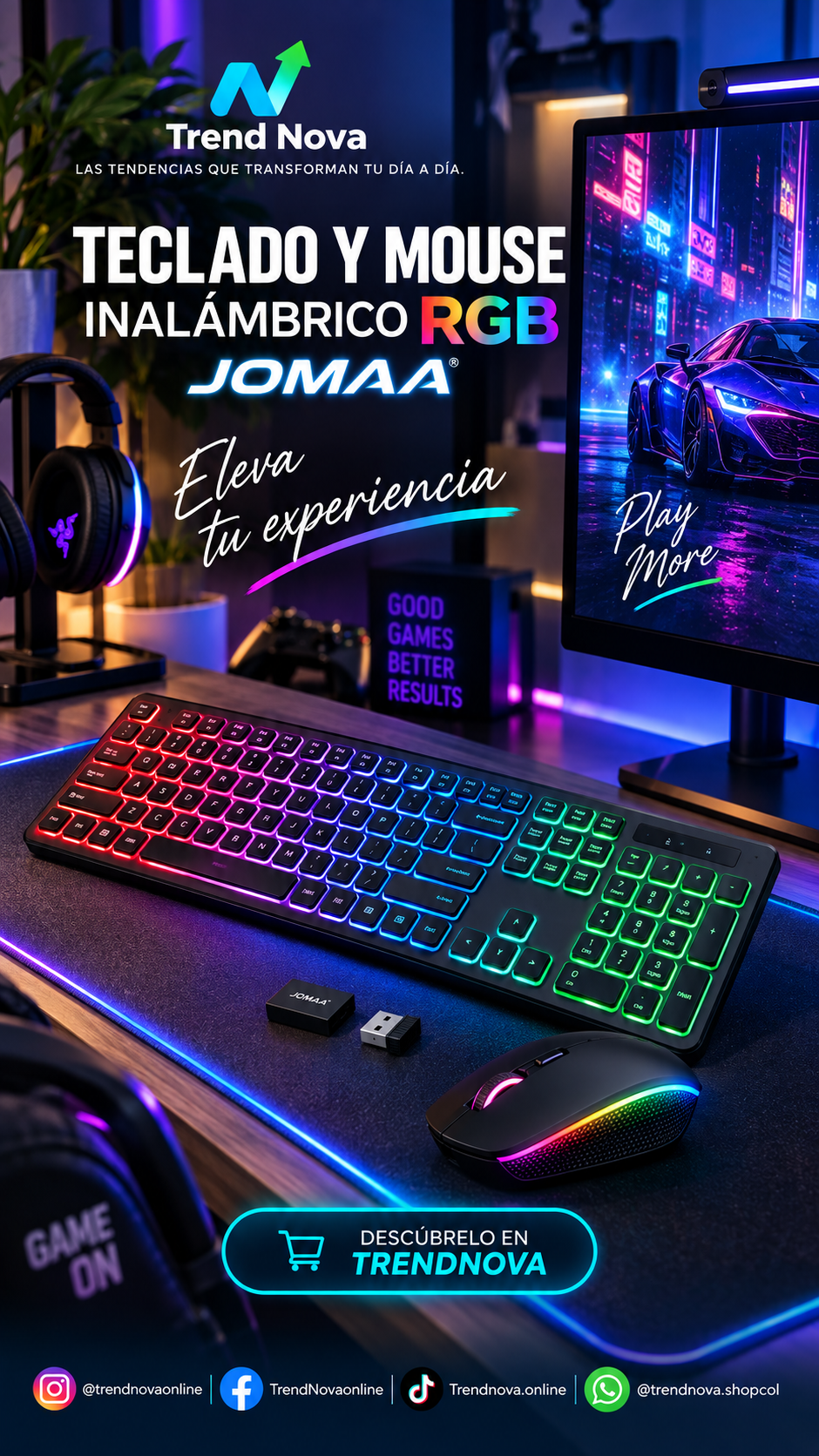 Teclado y Mouse Inalámbrico RGB JOMAA | Retroiluminado, Recargable, Ergonómico, 2.4GHz para PC y Laptop