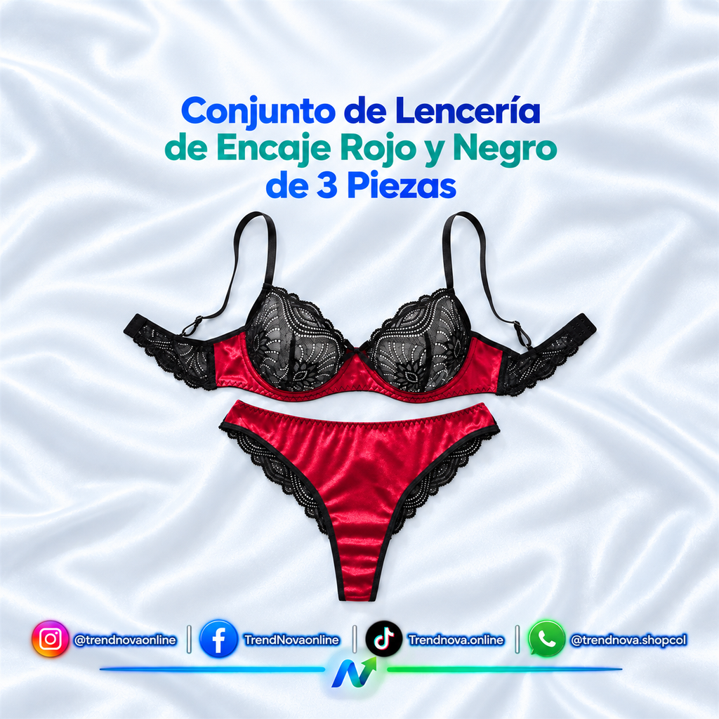 Conjunto de Lencería de Encaje Rojo y Negro de 3 Piezas