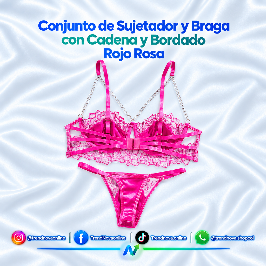 Conjunto de Sujetador y Braga con Cadena y Bordado Rojo Rosa