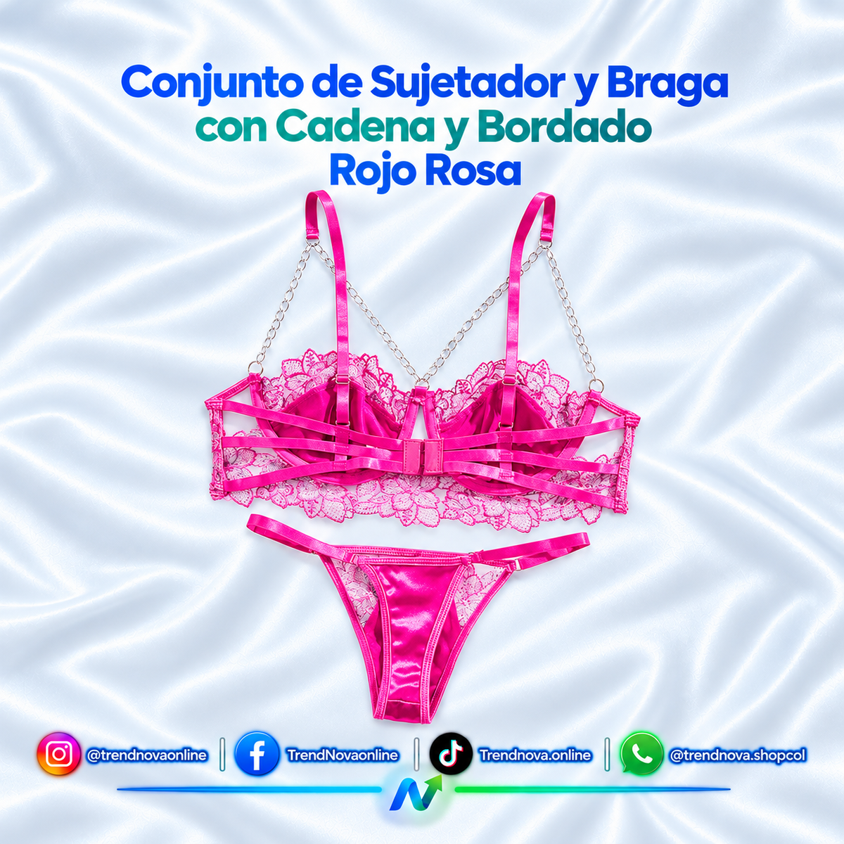 Conjunto de Sujetador y Braga con Cadena y Bordado Rojo Rosa