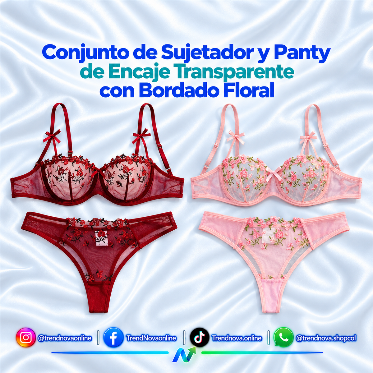 Conjunto de Sujetador y Panty de Encaje Transparente con Bordado Floral