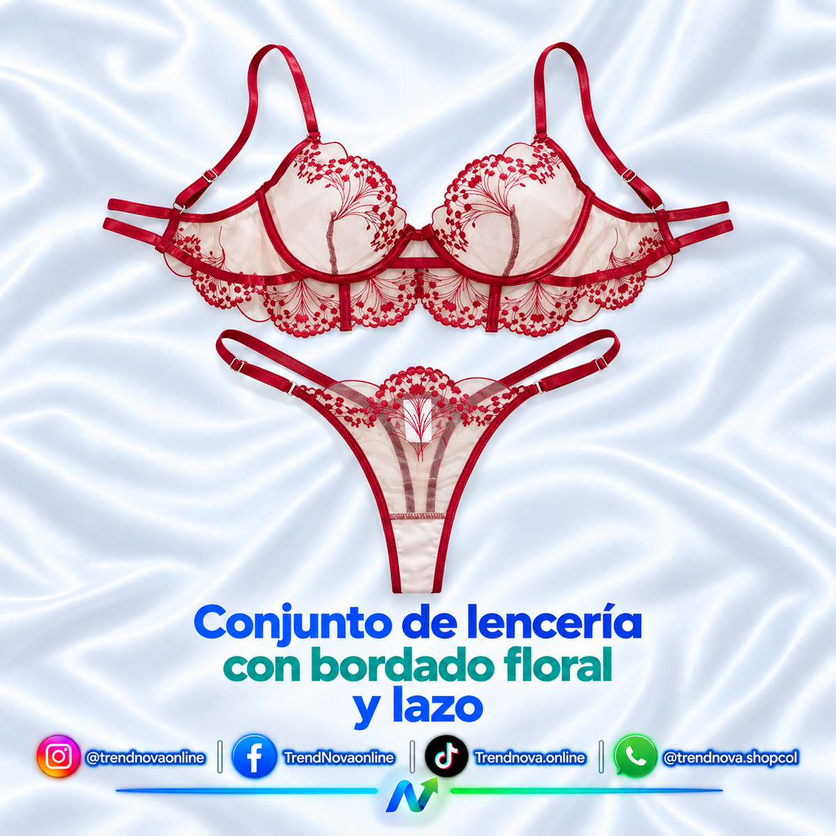 Conjunto de lencería con bordado floral y lazo