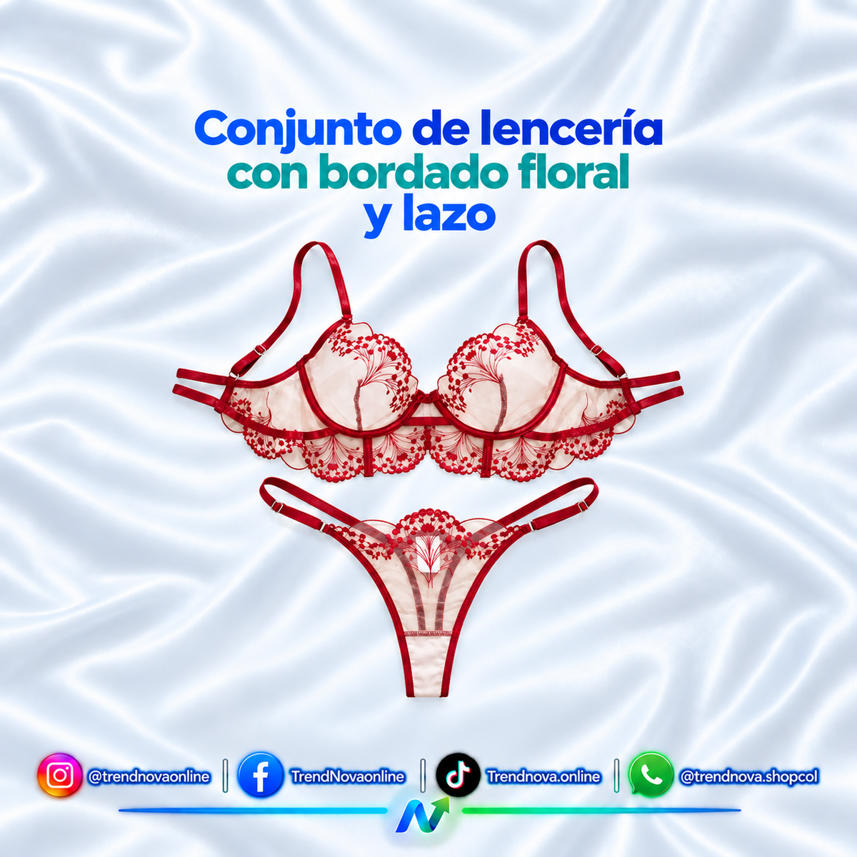 Conjunto de lencería con bordado floral y lazo