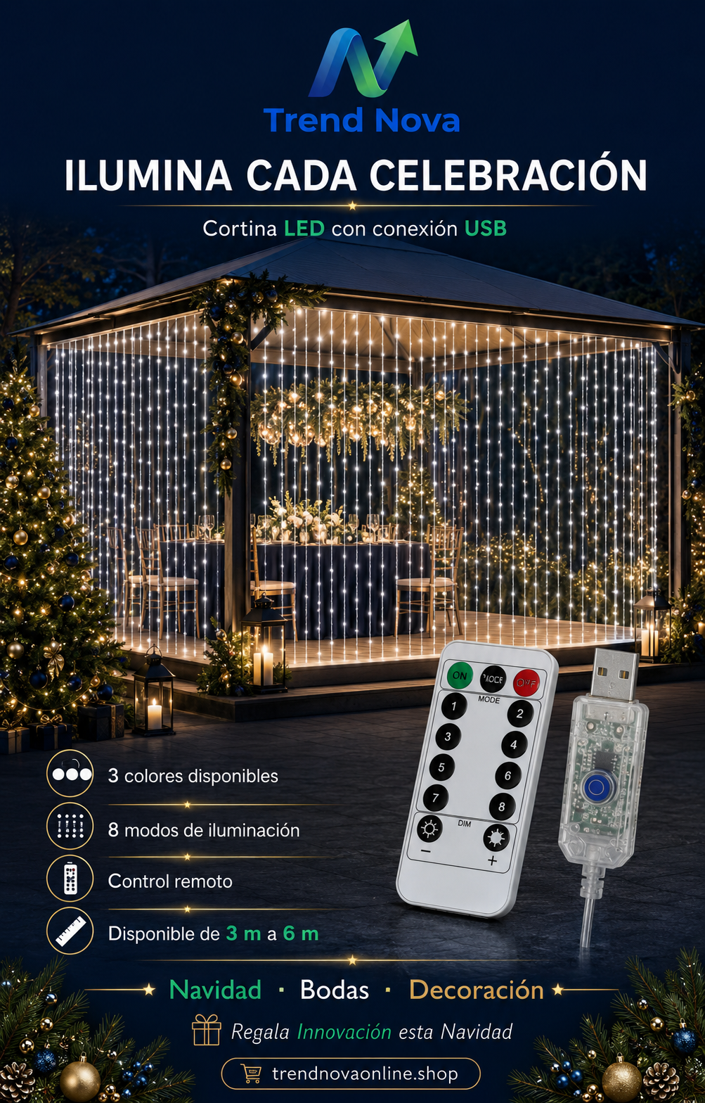 Cortina LED USB – 3 Colores, 8 Modos, Control Remoto, 3M-6M Para Navidad, Bodas y Decoración