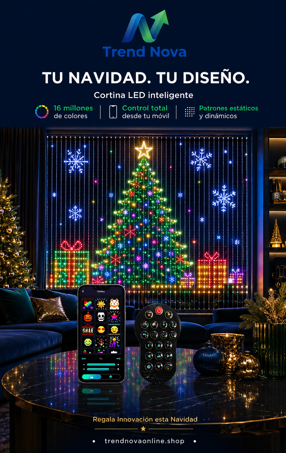 Cortina LED Inteligente RGB – APP + Control Remoto, IP65, 16 Millones de Colores, 1m-3m