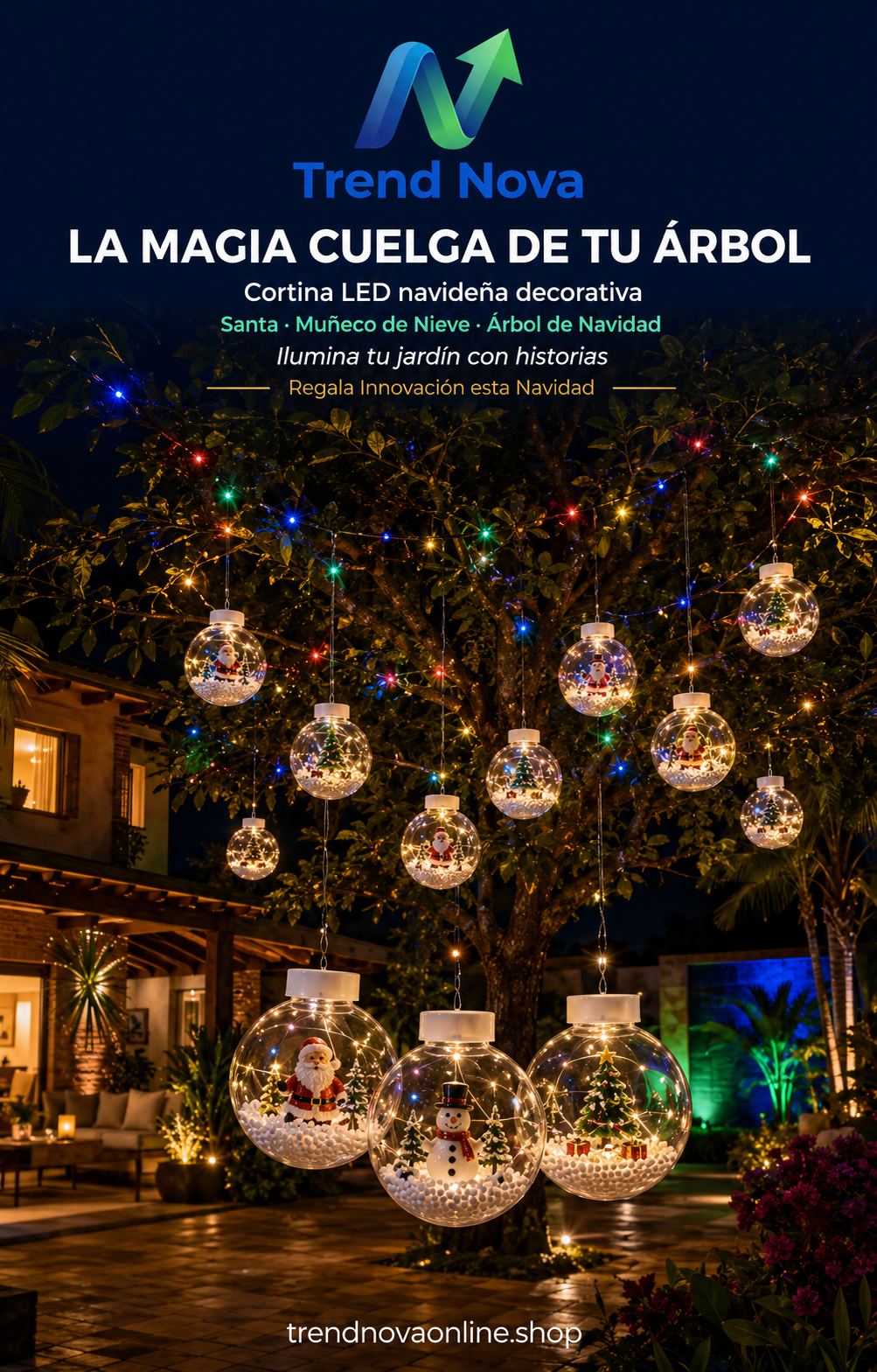 Cortina LED Navideña USB – Patrones Santa, Muñeco de Nieve y Árbol, 8 Modos, 100 LEDs