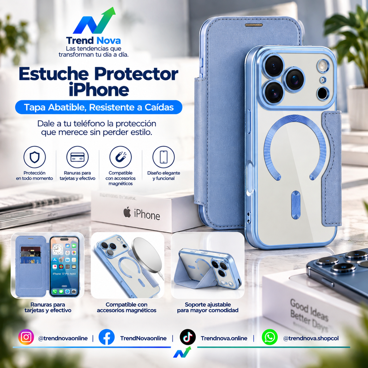 "Estuche Protector iPhone — Tapa Abatible, Resistente a Caídas