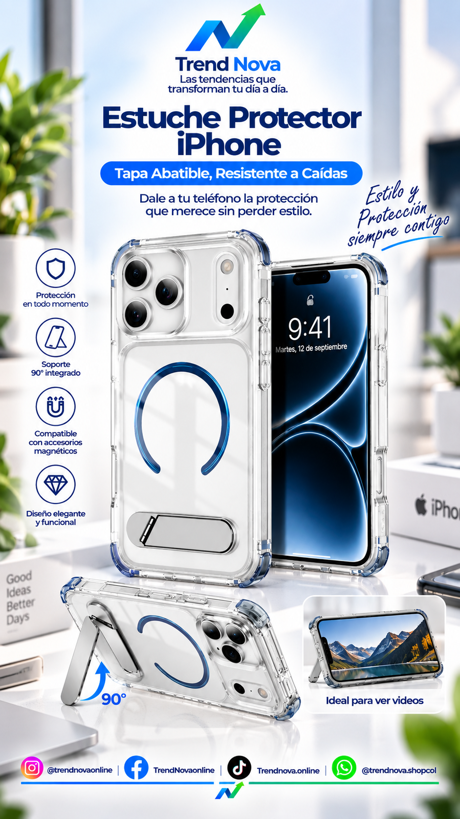Funda Transparente para iPhone con Soporte de Succión y Protección Antigolpes