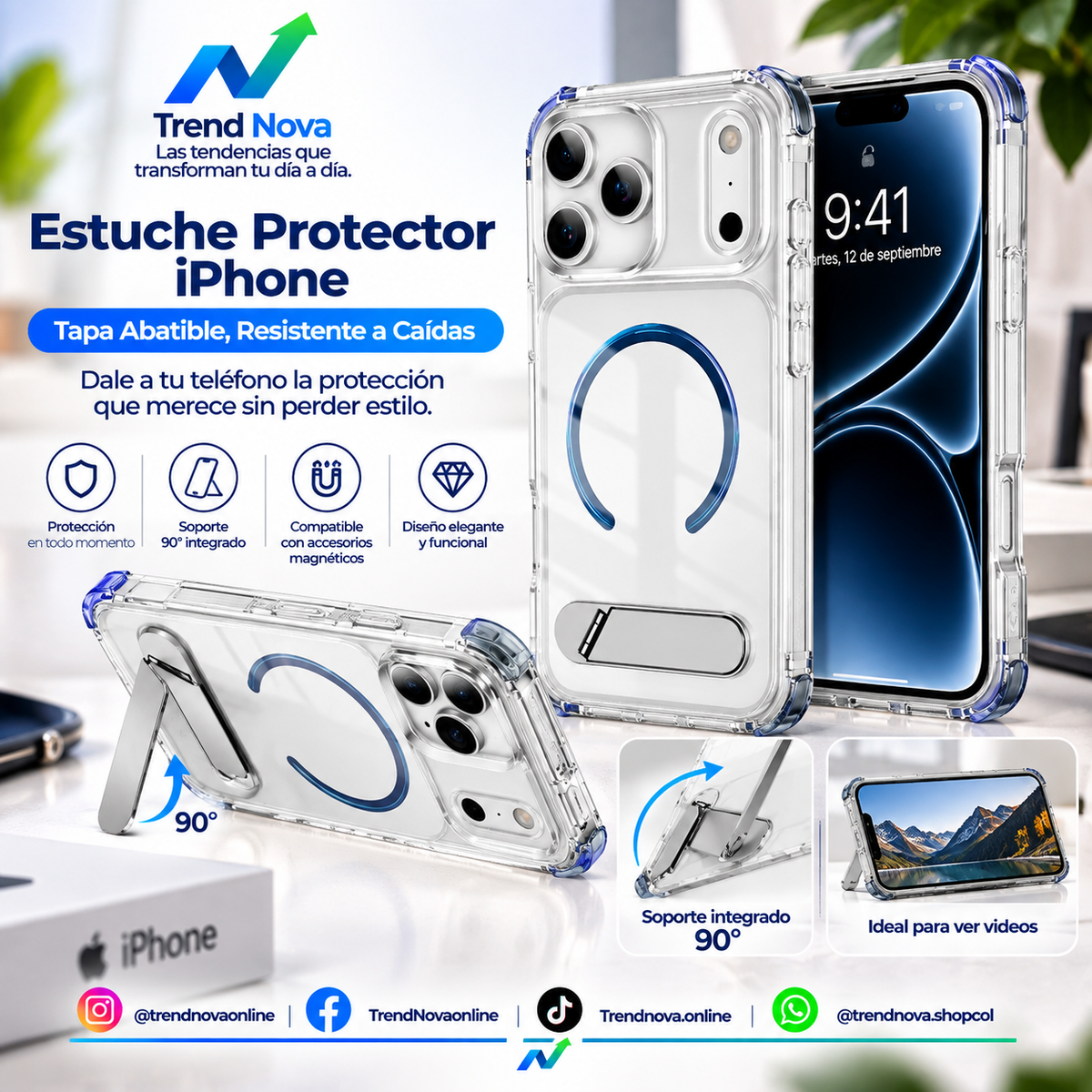 Funda Transparente para iPhone con Soporte de Succión y Protección Antigolpes