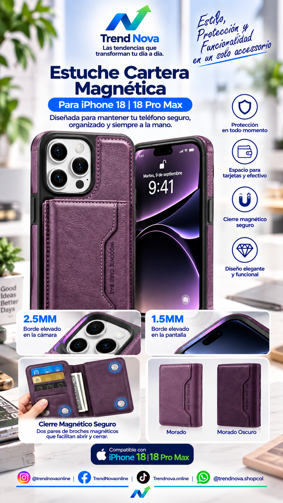 Funda de Cuero para iPhone 18 Pro con Porta tarjetas, Carga y Protección Antigolpes