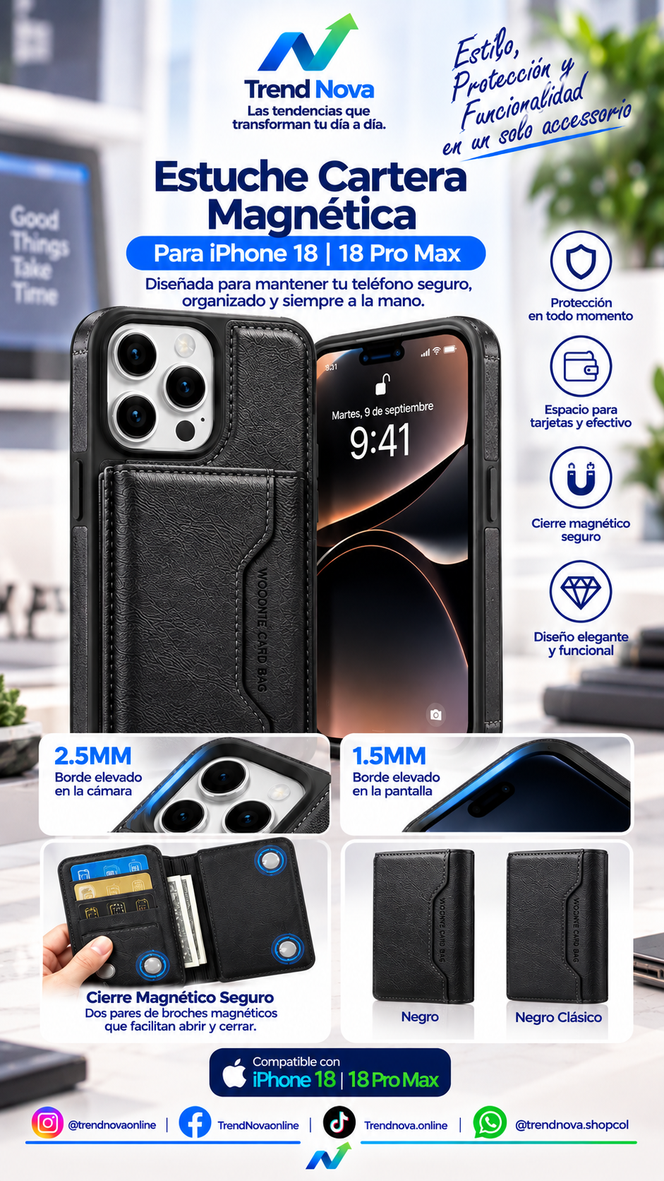 Funda de Cuero para iPhone 18 Pro con Porta tarjetas, Carga y Protección Antigolpes