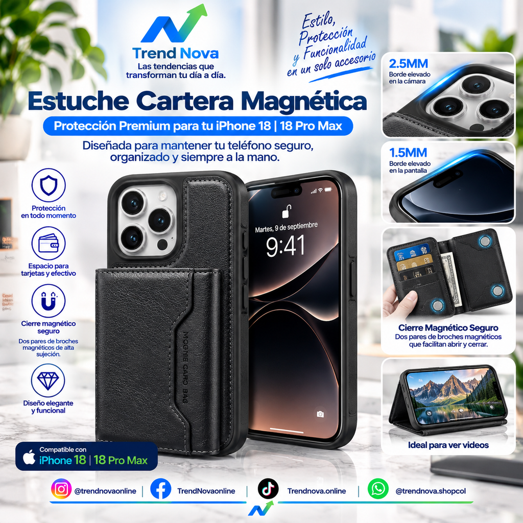 Funda de Cuero para iPhone 18 Pro con Porta tarjetas, Carga y Protección Antigolpes