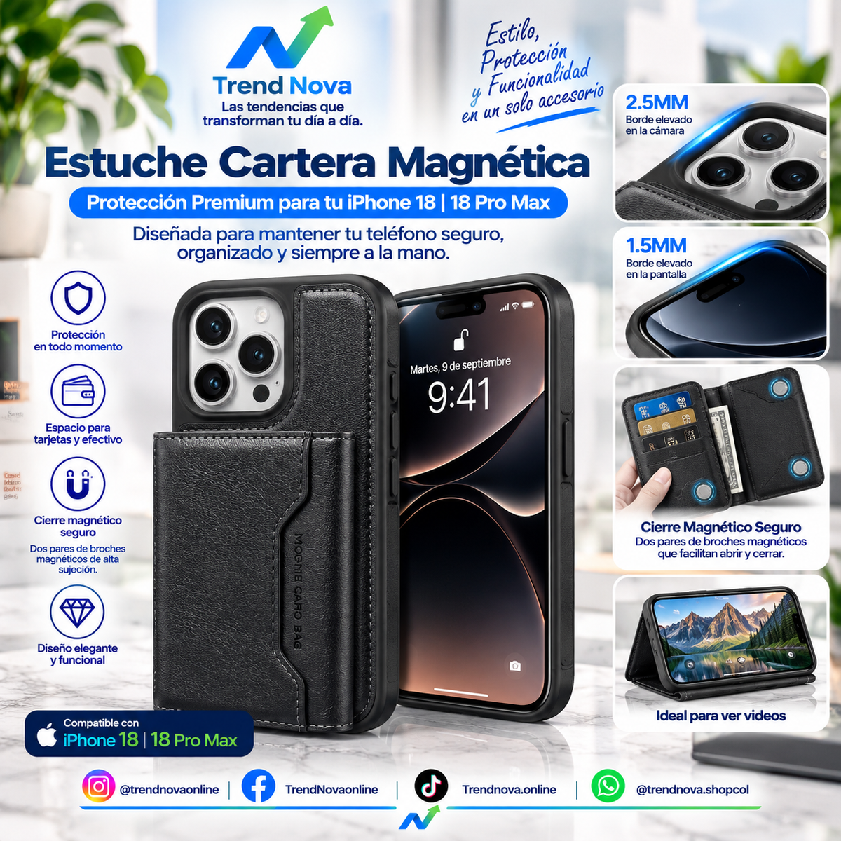 Funda de Cuero para iPhone 18 Pro con Porta tarjetas, Carga y Protección Antigolpes