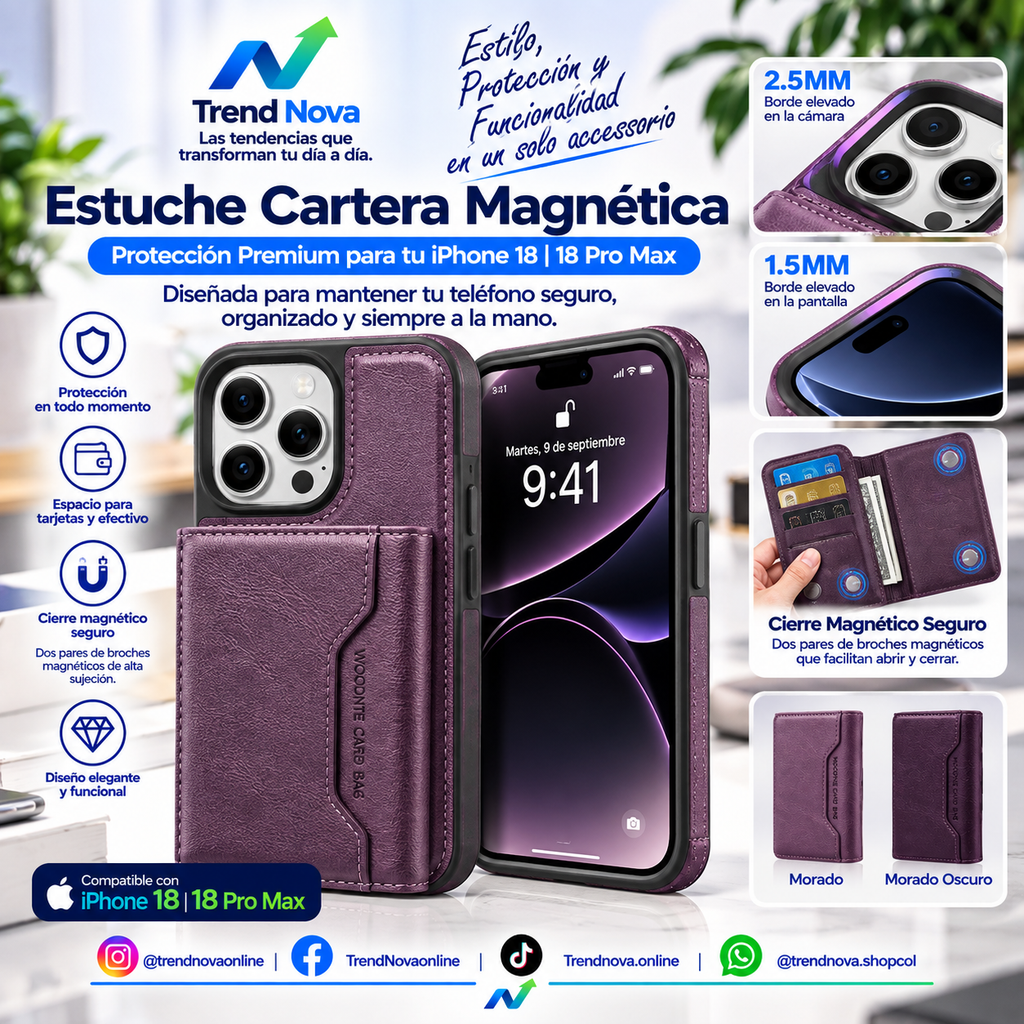 Funda de Cuero para iPhone 18 Pro con Porta tarjetas, Carga y Protección Antigolpes