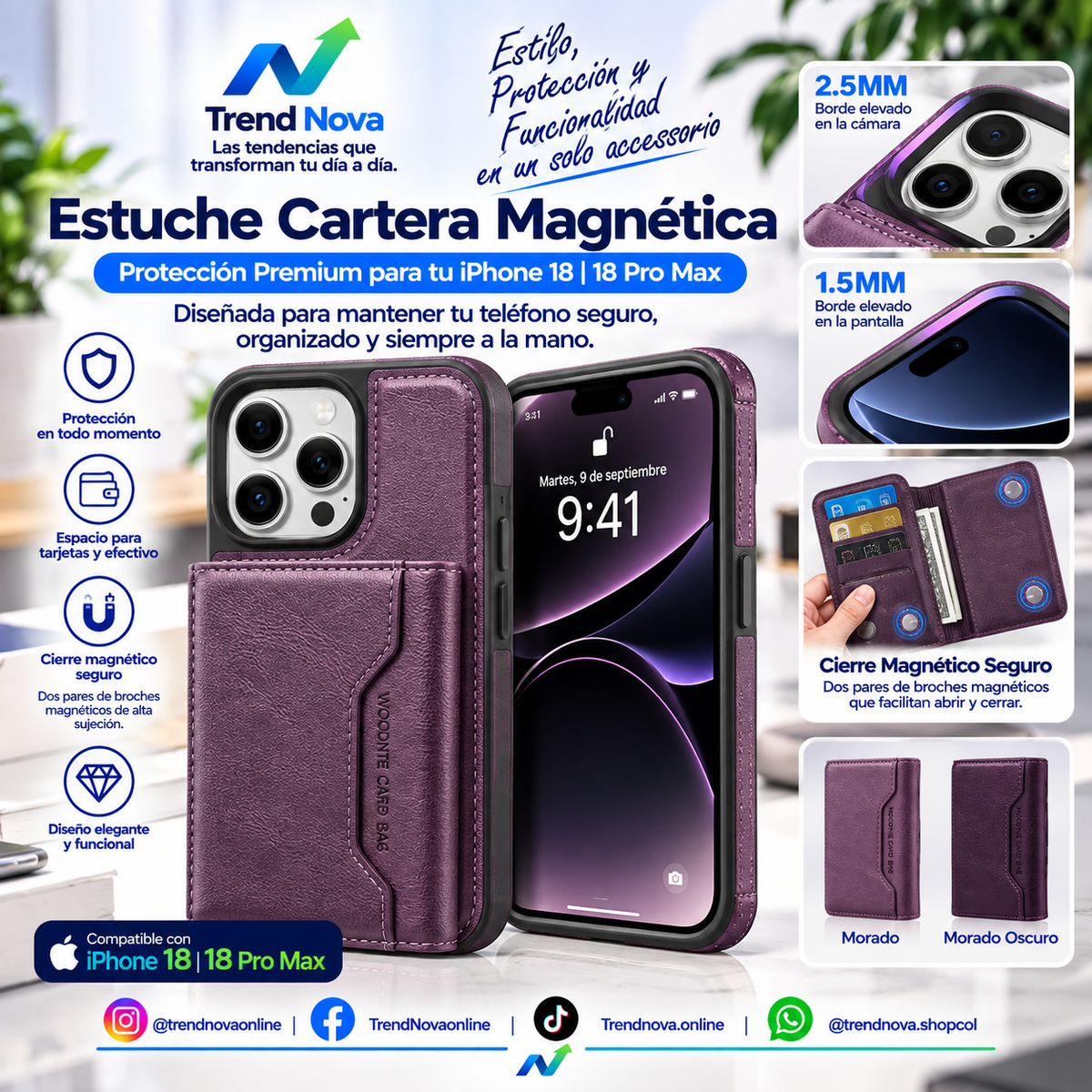 Funda de Cuero para iPhone 18 Pro con Porta tarjetas, Carga y Protección Antigolpes