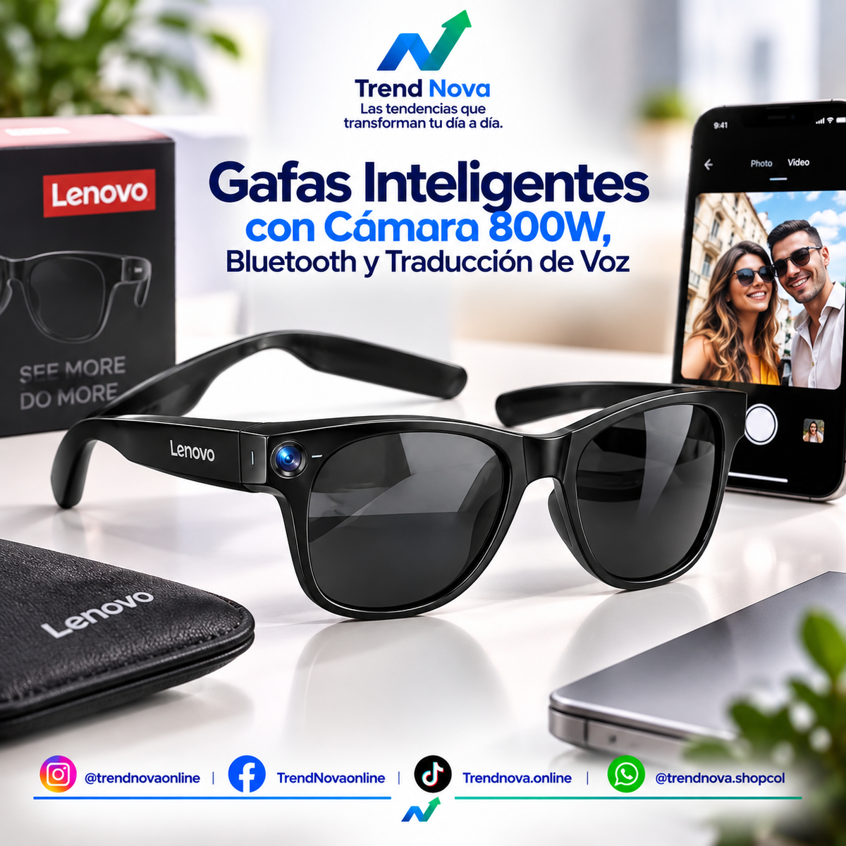 Gafas Inteligentes con Cámara 800W, Bluetooth y Traducción de Voz