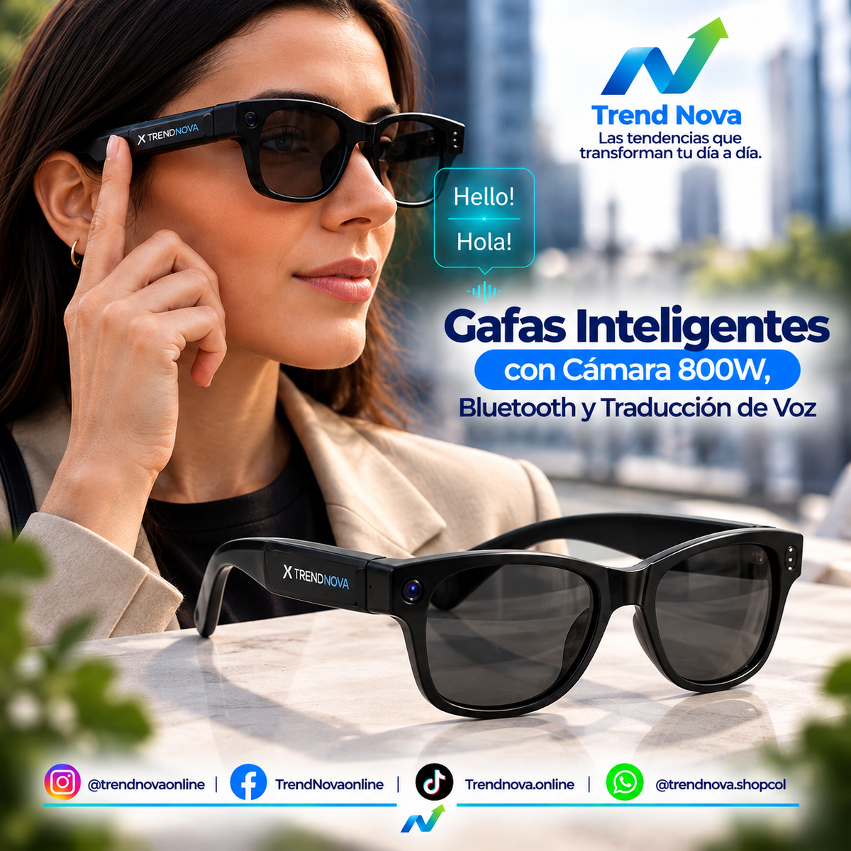 Gafas Inteligentes con Cámara 800W, Bluetooth y Traducción de Voz