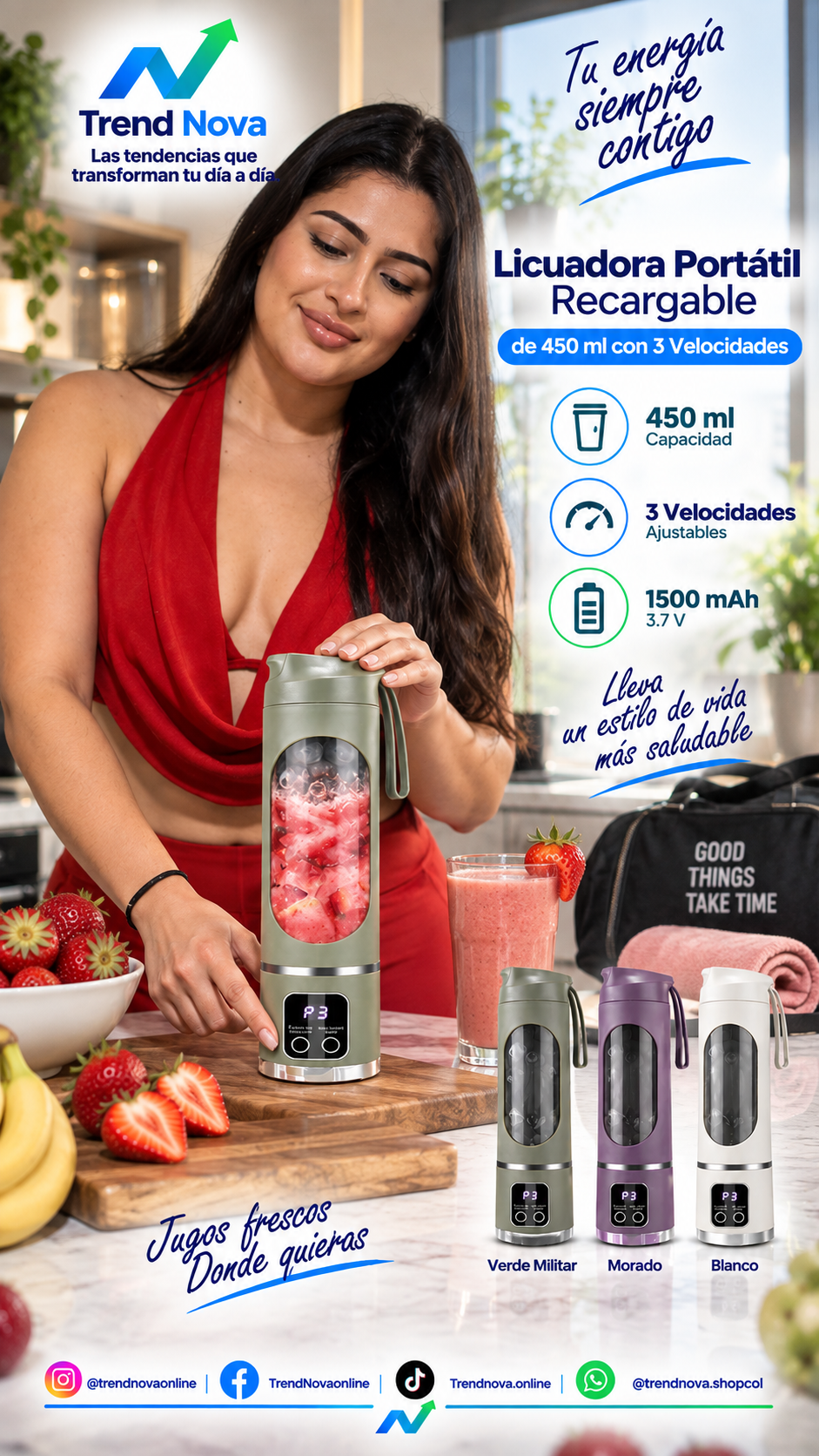 Licuadora Portátil Recargable de 450 ml con 3 Velocidades
