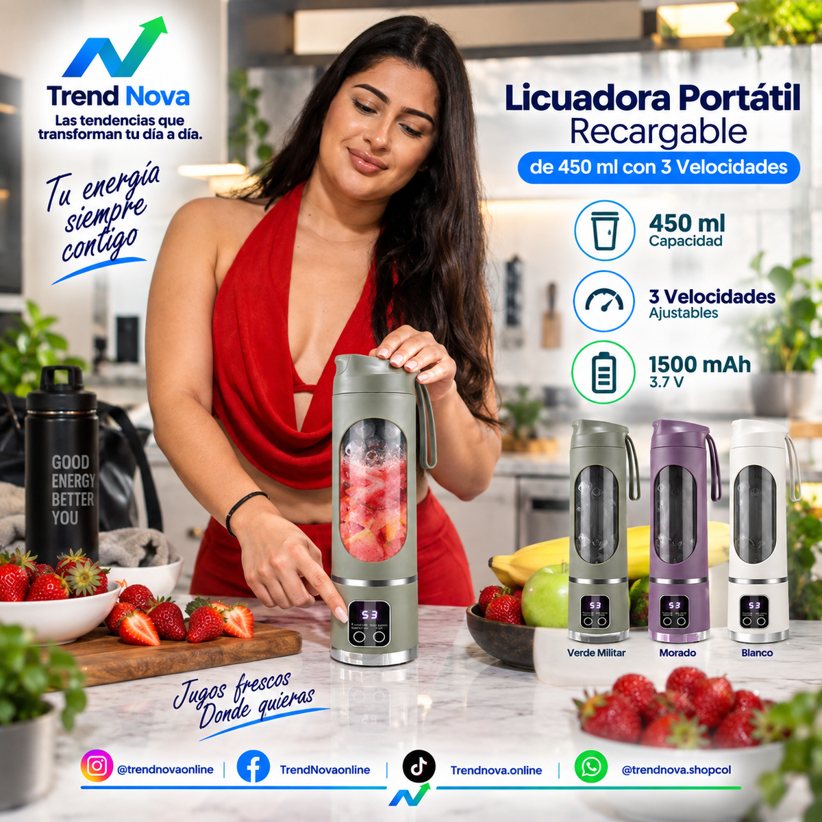 Licuadora Portátil Recargable de 450 ml con 3 Velocidades