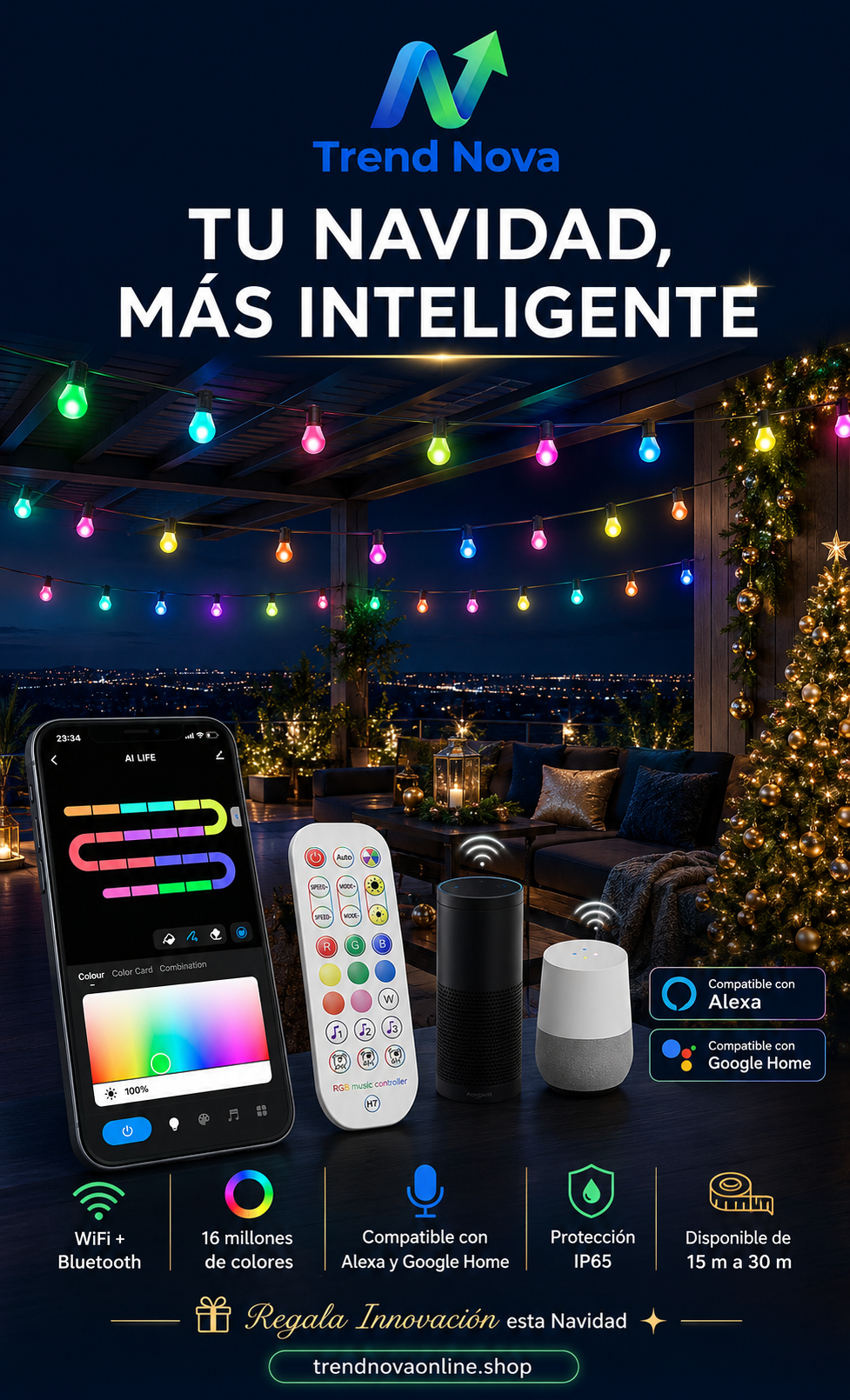 Luces LED Inteligentes G40 WiFi + Bluetooth – 15M-30M, Alexa/Google Home, IP65, 16M Colores