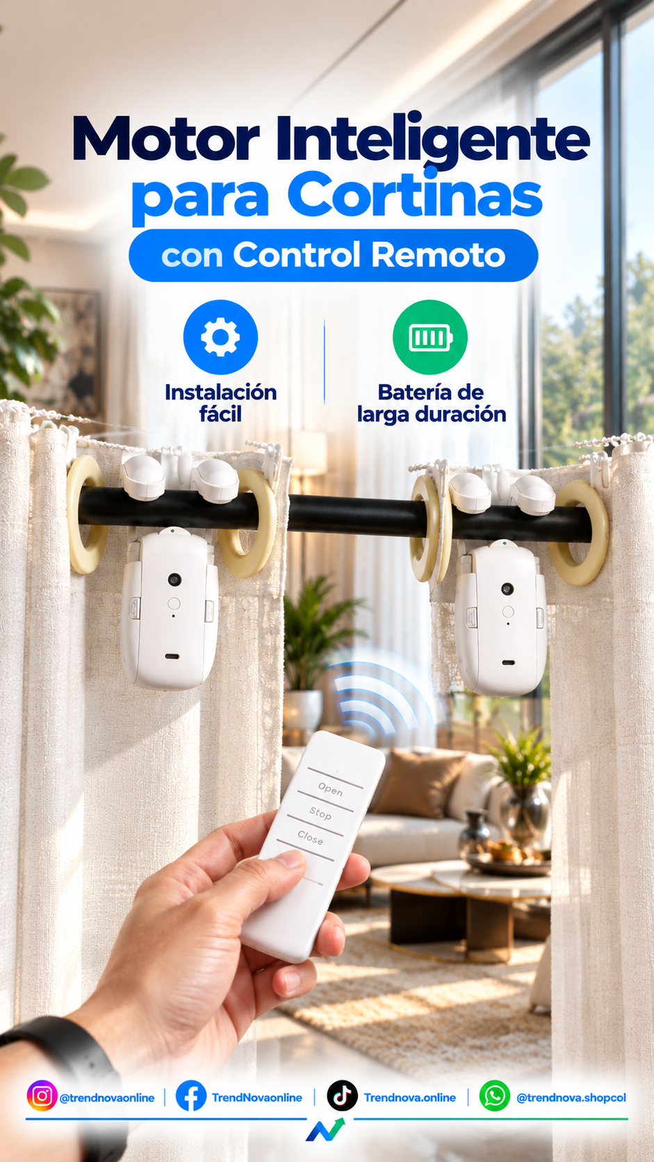 Motor Inteligente para Cortinas con Control Remoto – Abridor Automático Recargable