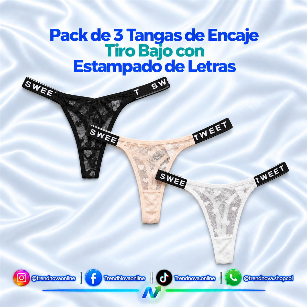 Pack de 3 Tangas de Encaje Tiro Bajo con Estampado de Letras
