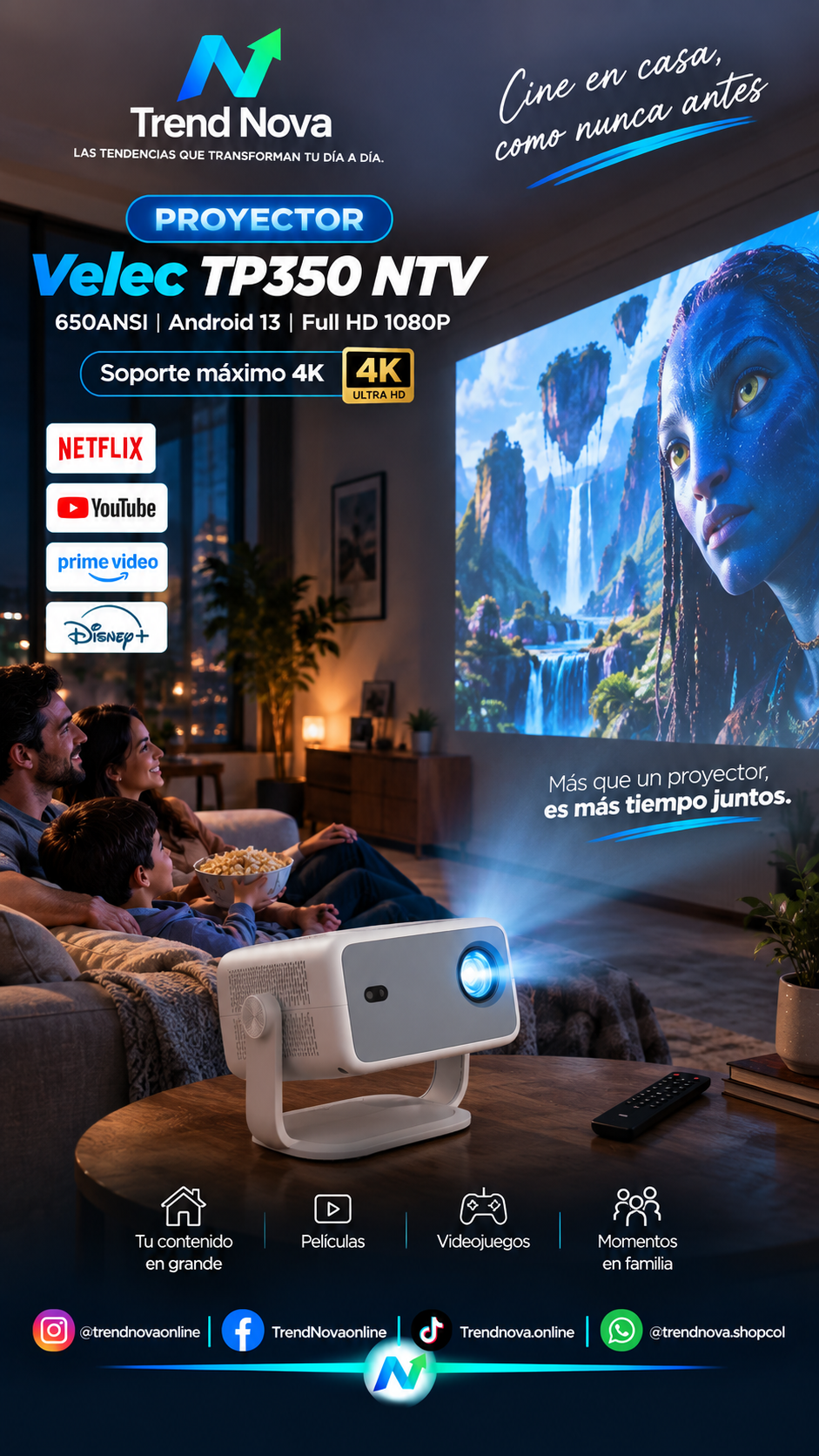 Proyector Velec TP350 NTV 650ANSI Android 13 Full HD 1080P con Enfoque Automático | Smart Home y Exterior